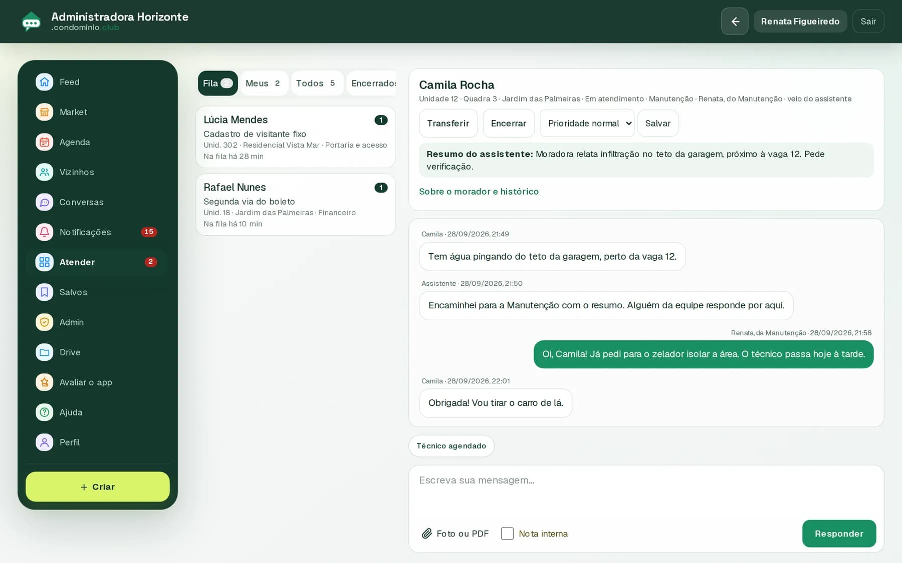 Console de atendimento da administração: fila por setor, resumo do assistente e conversa com a moradora sobre um vazamento na garagem