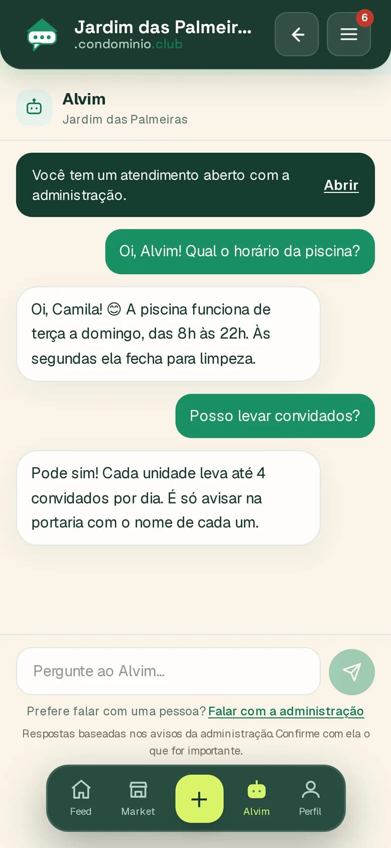 Conversa com o Alvim no celular sobre o horário da piscina e convidados
