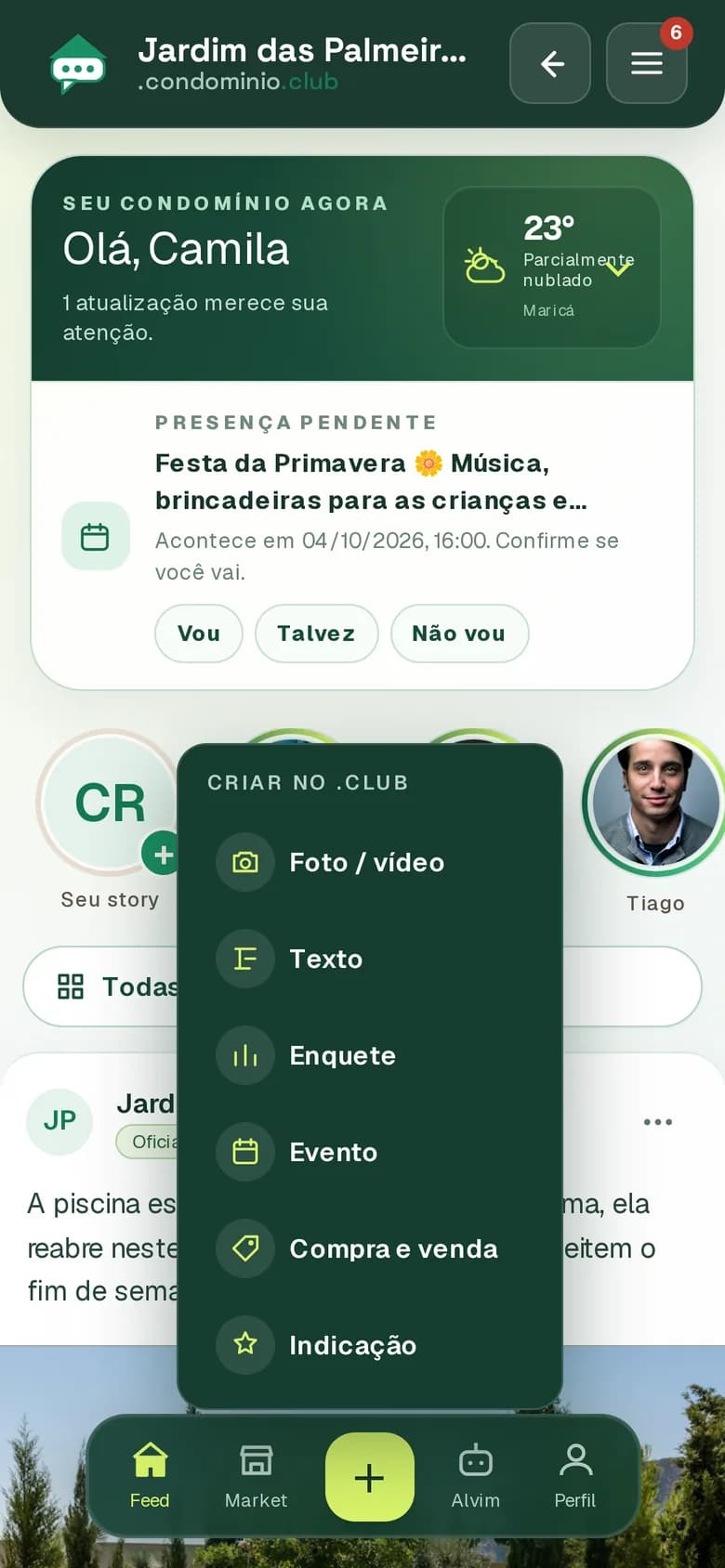 Menu Criar no celular: foto e vídeo, texto, enquete, evento, compra e venda e indicação