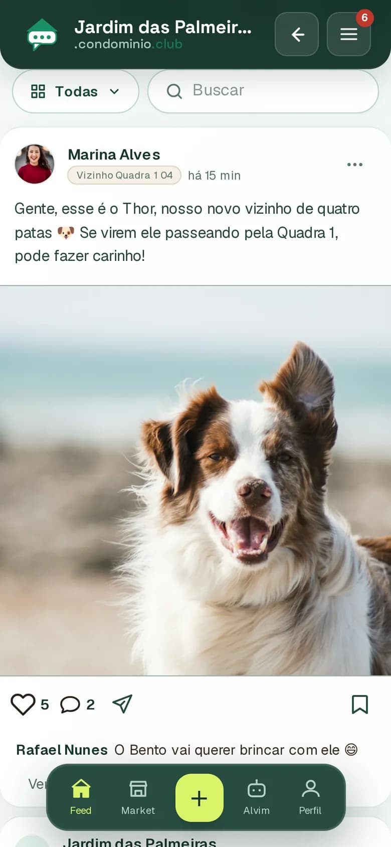 Comunicado oficial do condomínio com foto da piscina reformada, curtidas e comentários