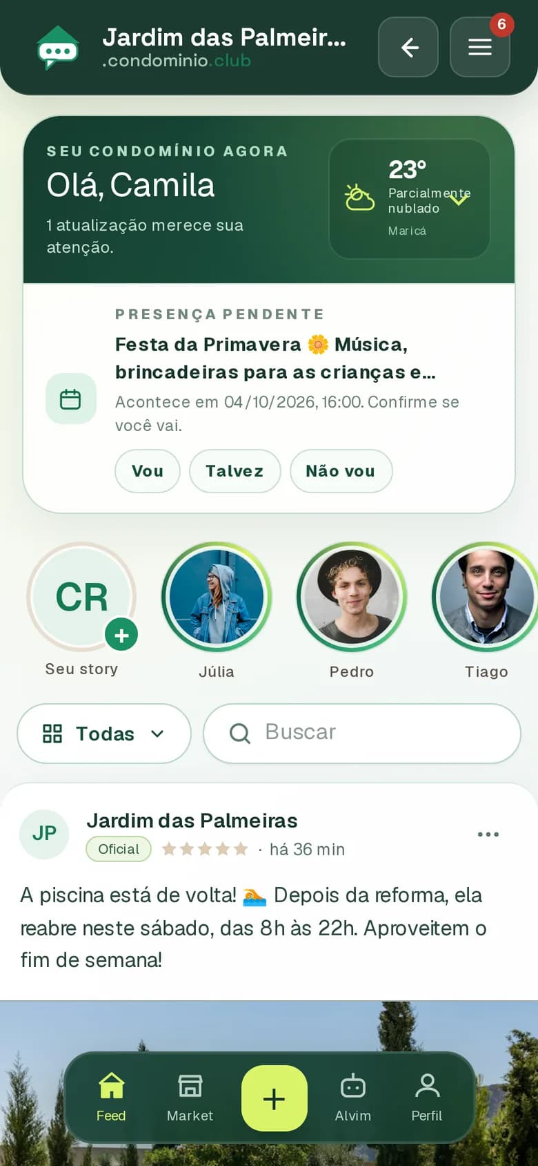 Feed do condomínio no celular: saudação, evento com confirmação de presença, stories dos vizinhos e comunicado oficial