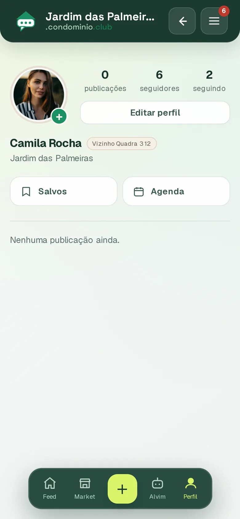 Perfil da moradora com foto, seguidores e atalhos para salvos e agenda